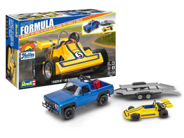 REV14581 - 1978 Chevrolet 4x4 Pickup Truck in Blue with Flatbed and Racing Tracks - Malibu Grand Prix to assemble and paint - 1