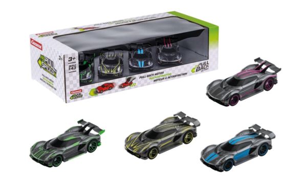 CARRERA15813029 - 4-Pack Hypercar (friction-powered) - grey - green - yellow - blue - pink - 1