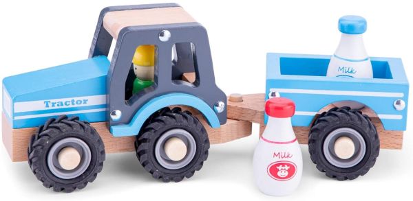 NCT11942 - Wooden tractor with trailer and milk can - 1