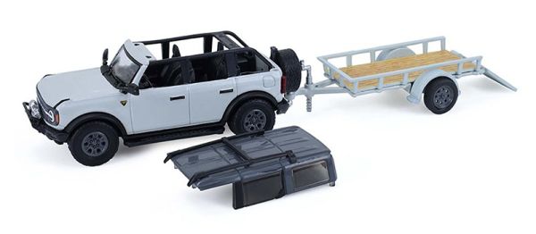 GREEN32330-D - 2021 Ford Bronco 4-door Cactus Green with flatbed trailer and motorcycle from the Hitch & Tow series, still in its original packaging. - 1