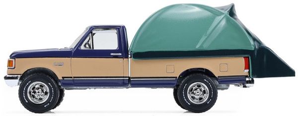 GREEN38080-D - 1987 Ford F-150 XLT Lariat, blue and beige, with a rooftop tent from The Great Outdoors series, still in its original packaging. - 1