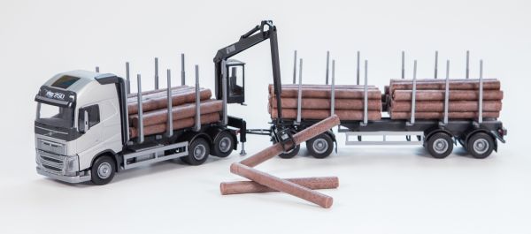 EMEK71301 - VOLVO FH16 6x4 grey rigid with 2+2 axles timber transport trailer and unloading crane - 1