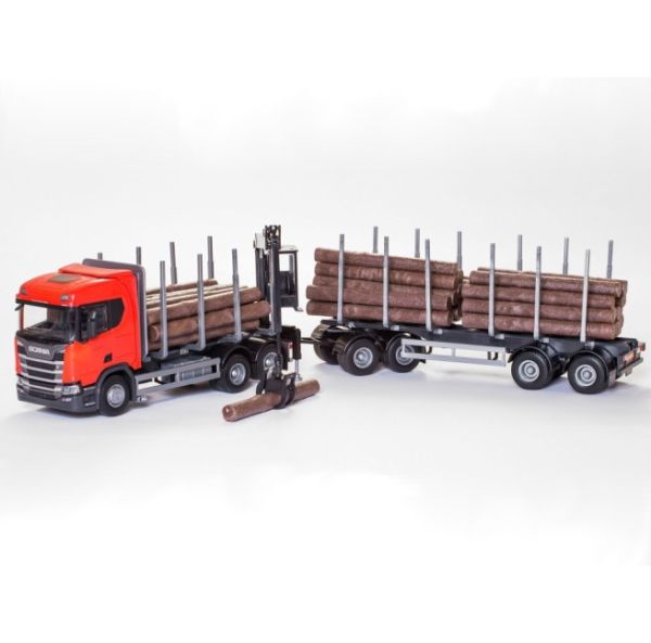 EMEK71605 - SCANIA R450 6x4 red with loading crane and timber transport trailer - 1