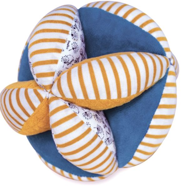 DC3846-01 - POLLEN L'ABEILLE BIO - Gripping balls with rattle mustard and blue stripes - 1