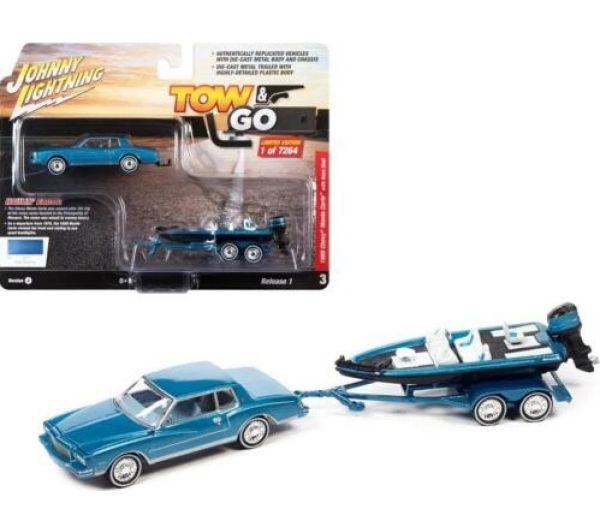 JLBT017A-C - 1980 blue Chevrolet Monte Carlo with trailer and boat from the Tow & Go series, still in blister pack - 1