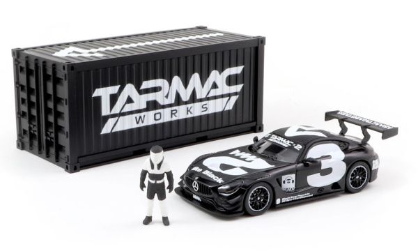 T64-008-4A3W - MERCEDES AMG GT3 #3 2018 with container and figure, black and white - 1