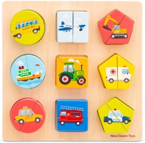 NCT10462 - Geometric shapes tray - wooden vehicles