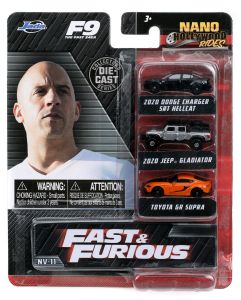JAD32481 - 3 Nano Vehicles - 2020 DODGE Charger SRT Hellcat Black - 2020 JEEP Gladiator Gray - TOYOTA GR Supra Orange - FAST and FURIOUS