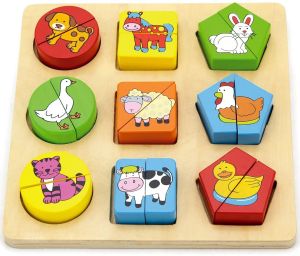 VIG59585 - Wooden geometric shapes tray Farm animals