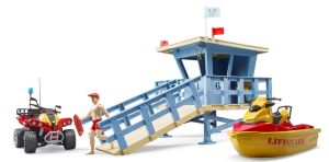 BRU62780 - Lifeguard hut at sea with vehicles and lifeguard