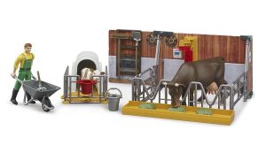 BRU62611 - Stable box with cow and calf with farmer