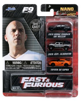 JAD32481 - 3 Nano Vehicles - 2020 DODGE Charger SRT Hellcat Black - 2020 JEEP Gladiator Gray - TOYOTA GR Supra Orange - FAST and FURIOUS