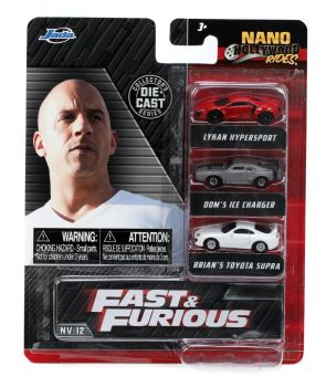 JAD32482 - 3 Nano Vehicles - HYPERSPOT Lykan Red - ICE Charger Dom's Gray - TOYOTA Supra Brian's White - FAST and FURIOUS