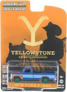 GREEN44980-E_VERT - FORD F-250 1978 Blue with green rims from the TV series YELLOWSTONE in blister pack