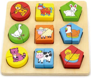 VIG59585 - Wooden geometric shapes tray Farm animals