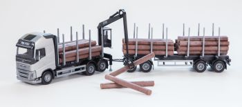 EMEK71301 - VOLVO FH16 6x4 grey rigid with 2+2 axles timber transport trailer and unloading crane