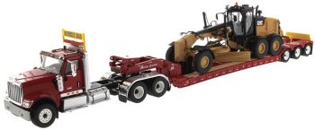 DCM85598 - INTERNATIONAL HX520 6x4 Tandem Day Cab Tractor with XL 120 HDG Lowboy Trailer in Red and Cat 12M3 Motor Grader