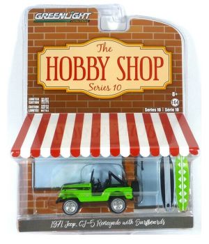 GREEN97100-B - JEEP CJ-5 1971 green open hard top with surfboards The Hobby Shop Series sold in blister