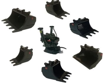 GF108-SET2 - OILQUICK OQTR-33 Tiltrotator Set with Grapple and Various Buckets for 24- to 33-Ton Excavators